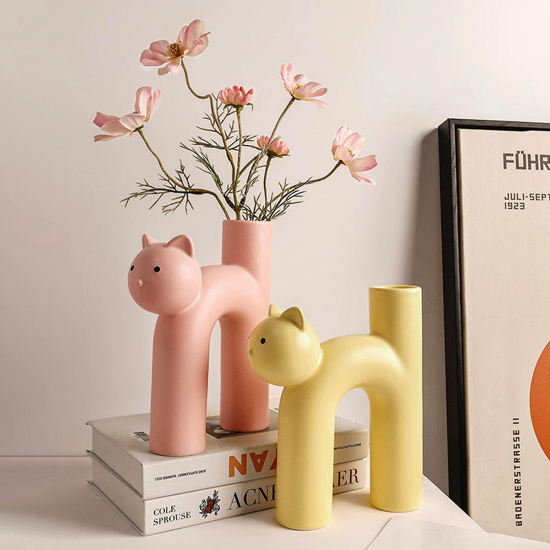 High Quality Cat-Shaped Ceramic Vase Set Unique Home Decorations Cute Dried Flowers Pot for Interior Decoration