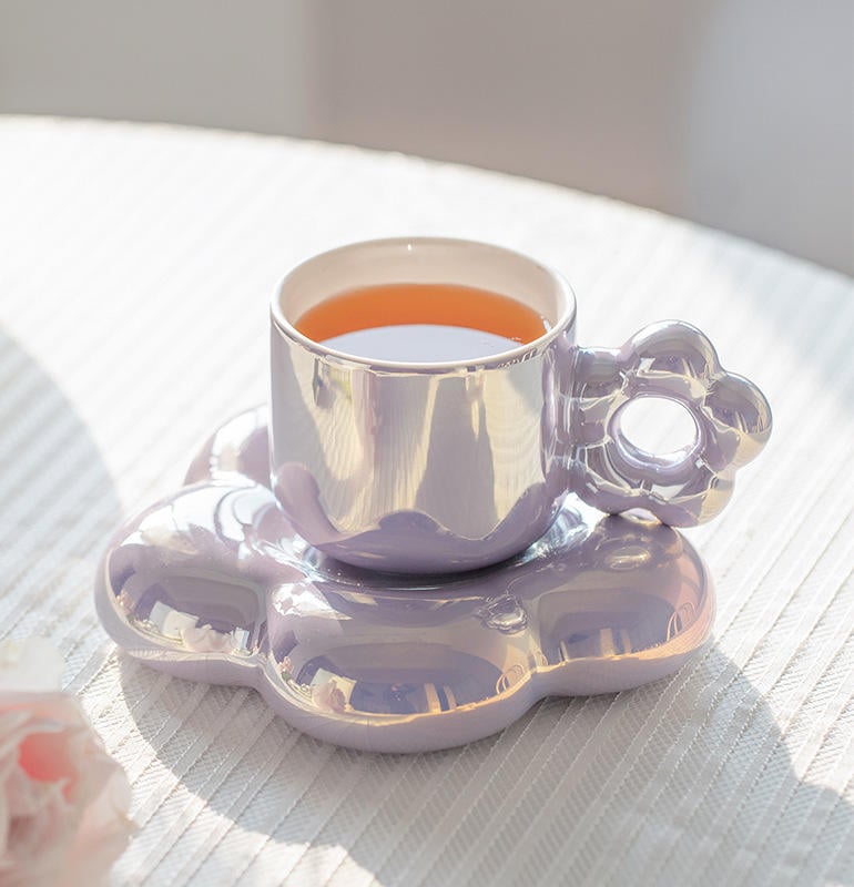 Rainbow Color Pearlescent Mug Gift Cloud Ceramic Tea Cup Flowers Coffee Cups and Saucer Set