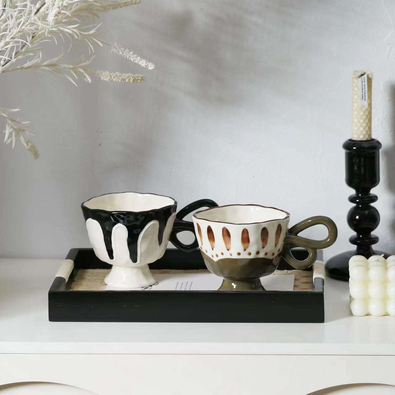 Wholesale Exquisite Handmade Ceramic Coffee Mugs Unique Custom Gift Set with Novelty Design Fancy Flower Pattern for Giveaways