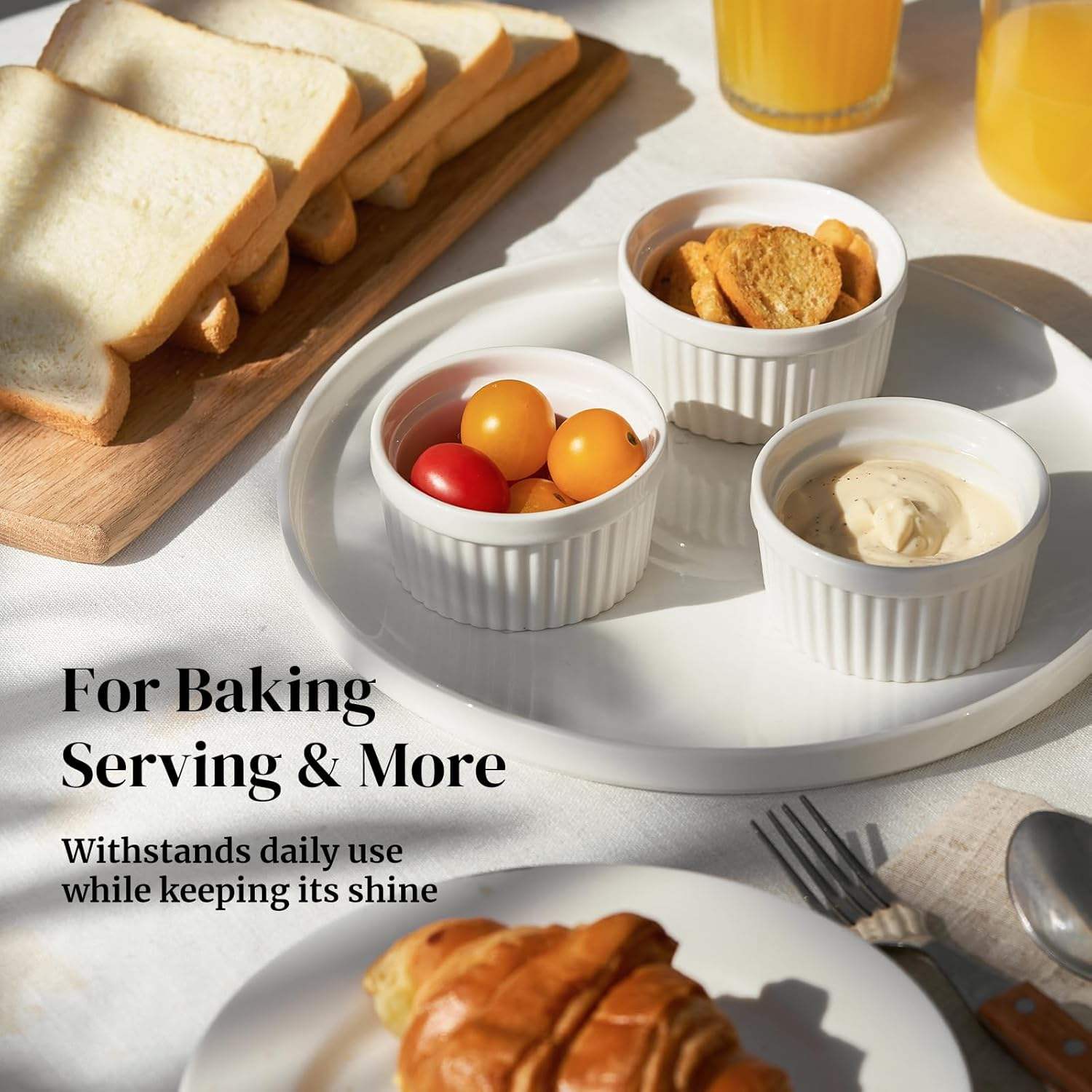 Manufacture Wholesale Custom 4pcs Round Creme Dish White Ceramic Ramekin Ceramic Bakeware Bowl Set