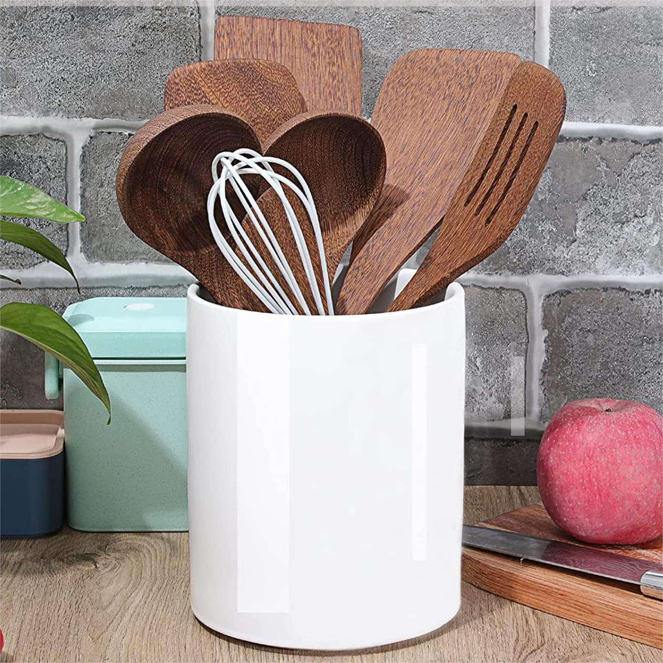Large Ceramic Matte White Utensil Holder 6.8inch Minimalist Kitchen Decor Cooking Utensil Crock for Spoon Spatula