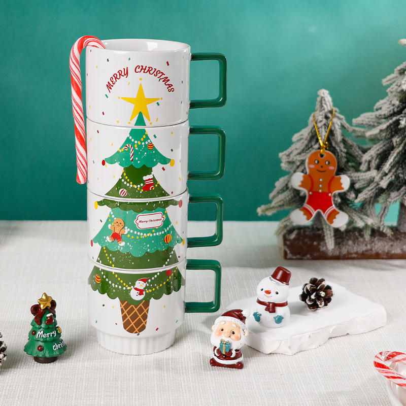 Custom Pattern 4Pack Stackable Microwave Dishwasher Safe Christmas Gift Stacking 300ml Ceramic Mug with Square Handle for Family