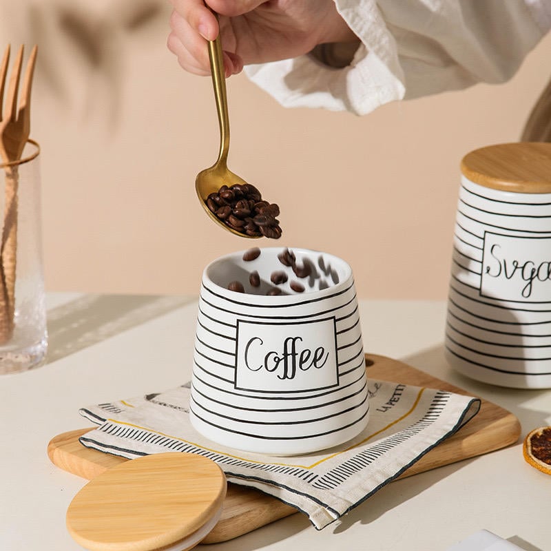 Black White Ceramic Food Storage Jars With Bamboo Lids Canister Jar Ceramic Storage Pots Jars Potting Pots