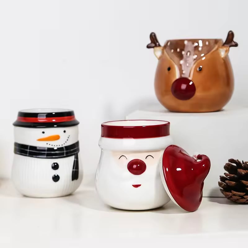 Christmas Decoration Unique Design Ceramic Candle Vessel Fancy Santa Claus Empty Custom Candle Jar with Lid