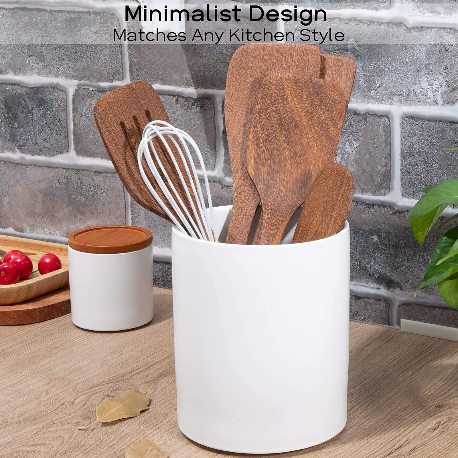 Large Ceramic Matte White Utensil Holder 6.8inch Minimalist Kitchen Decor Cooking Utensil Crock for Spoon Spatula