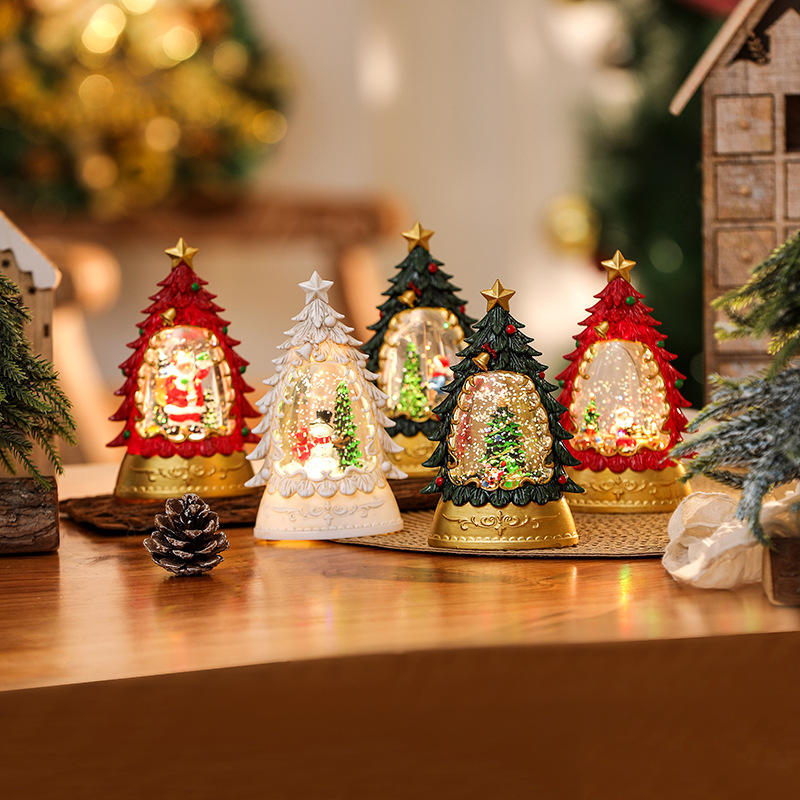 New Arrival Christmas Decoration Painted Christmas Tree Luminous Wind Lantern Kids Small Gift Santa Claus Decoration Night Light Resin