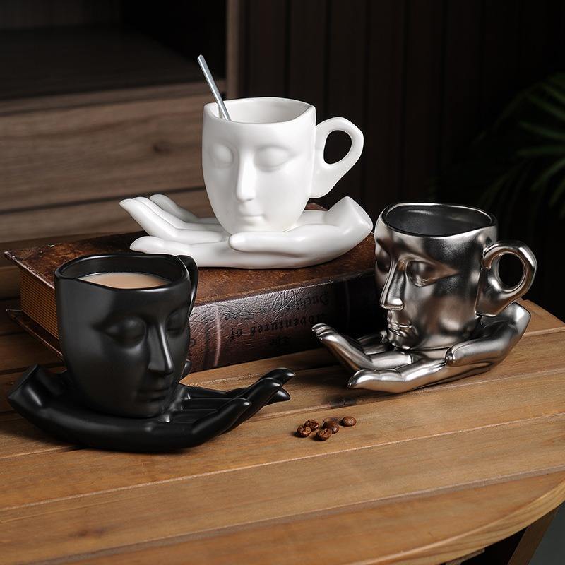 Gift Strange Mug Silver Nordic Style Ceramic Human Hand Face Design Coffee Cups Saucer