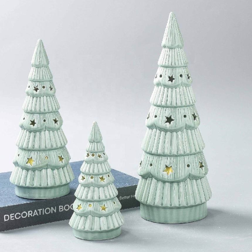 Christmas Handmade Eco-friendly Artificial Ceramic Christmas Tree Home Decor Porcelain X-mas Tree Outdoor LED Ornaments Crafts