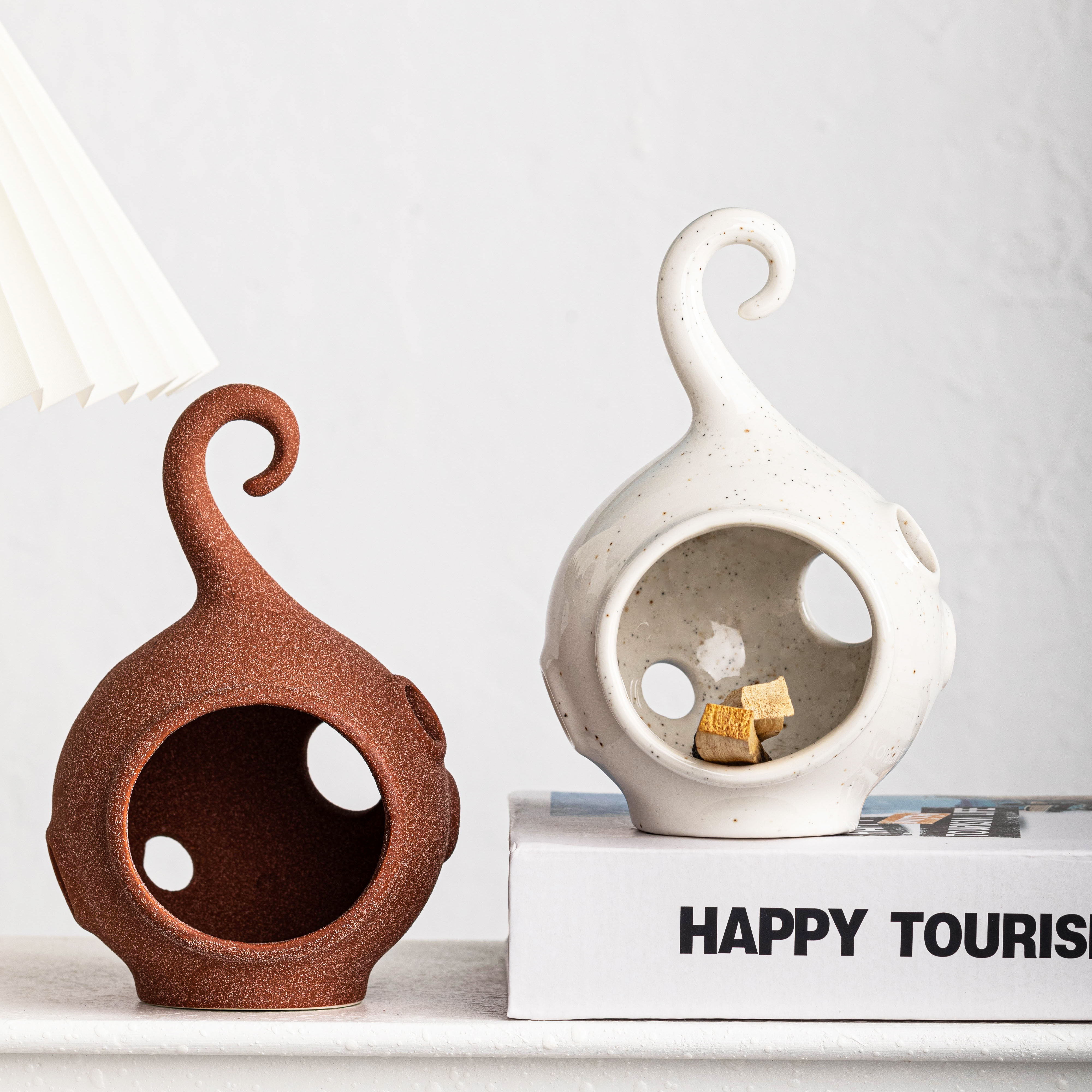 Handmade Ceramic Holder for Meditation Terracotta & White Incense Burner,Yoga Spiritual Decor