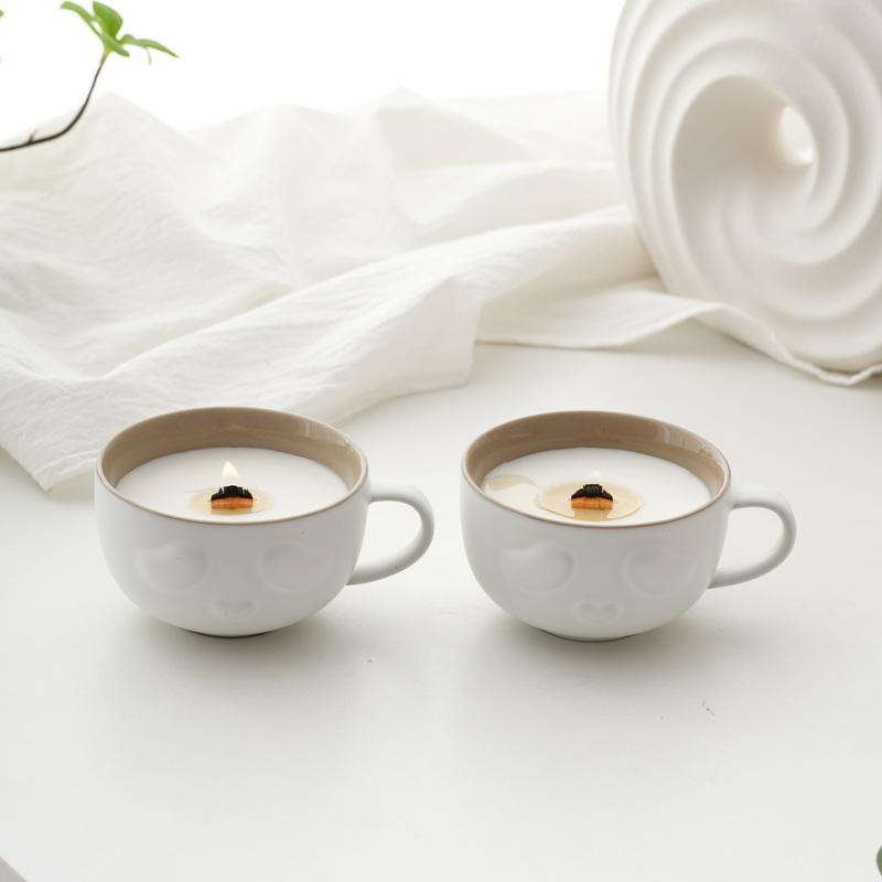 High Quality Silver Tea Cup Style Soybean Wax Candle Container Vessel Handle Handmade Ceramic Candle Holders Lanterns Candle
