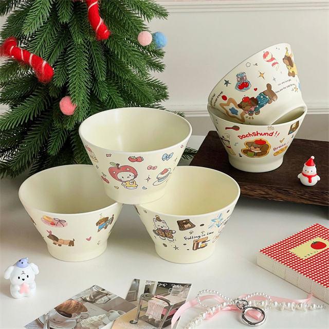 Hand-Painted Ceramic Cereal Bowl Cartoon Ceramic Rice Bowls Small Ceramic Soup Bowl for Pasta Salad Fruit Vegetables