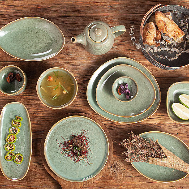 Factory Label Custom Irregular Green Ceramic Restaurant Plate Colored Dinner Dishes Porcelain Plates
