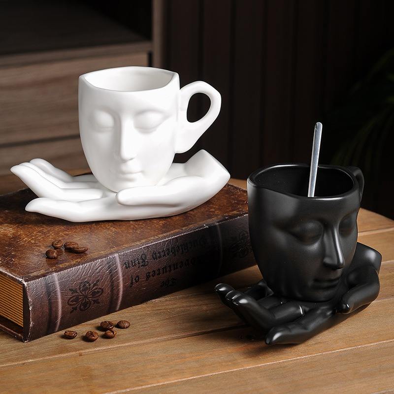 Gift Strange Mug Silver Nordic Style Ceramic Human Hand Face Design Coffee Cups Saucer