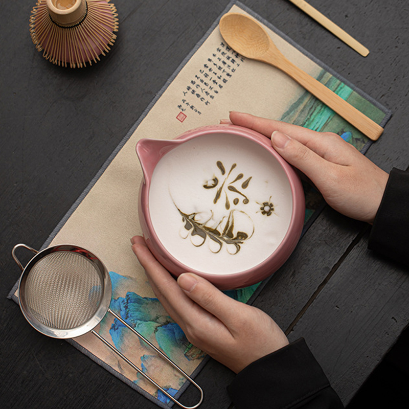 Peach Powder Matcha Bowl Set Tea Brush Stand Foam Stirring Spot Tea Ceremony Tea Accessories Tea Brush Placer Ceramic