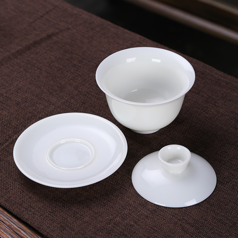 Dehua White Porcelain Sancai Covered Bowl Tea Cup Large Kung Fu Tea Set White Ceramic Tea Set High Grade