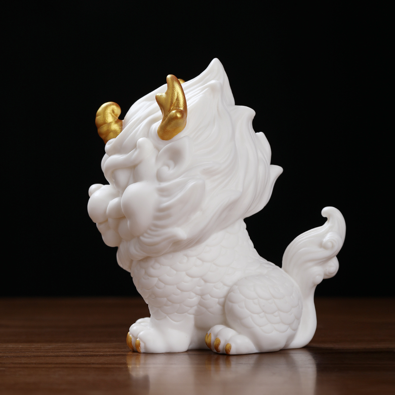 Cute Chinese Style Ceramic Kirin Fortune Ornament Dehua White Porcelain Craft Living Room Office National Tide Decorations