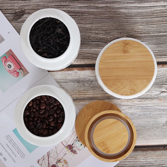 Tea Coffee Sugar Ceramic Seal Pot Set Containers Stone Spices Seasoner Pot Storage Box Ceramic Canister Set With Wooden Lids