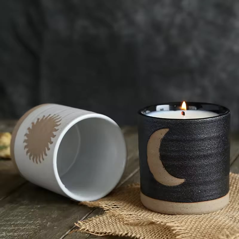 European Style Gift Crafts Sun Moon Pattern Frosted Matte Black White Unique Decorative Luxury Candle Jar