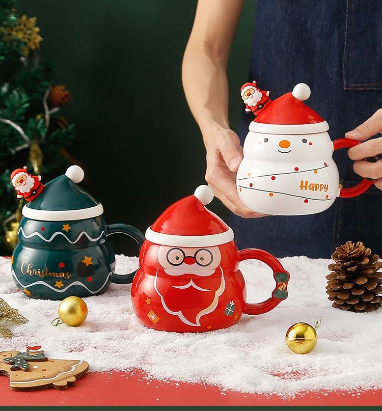 Christmas Ceramic Cup With Lid Spoon Cartoon Santa Claus Gift Box Christmas Mug