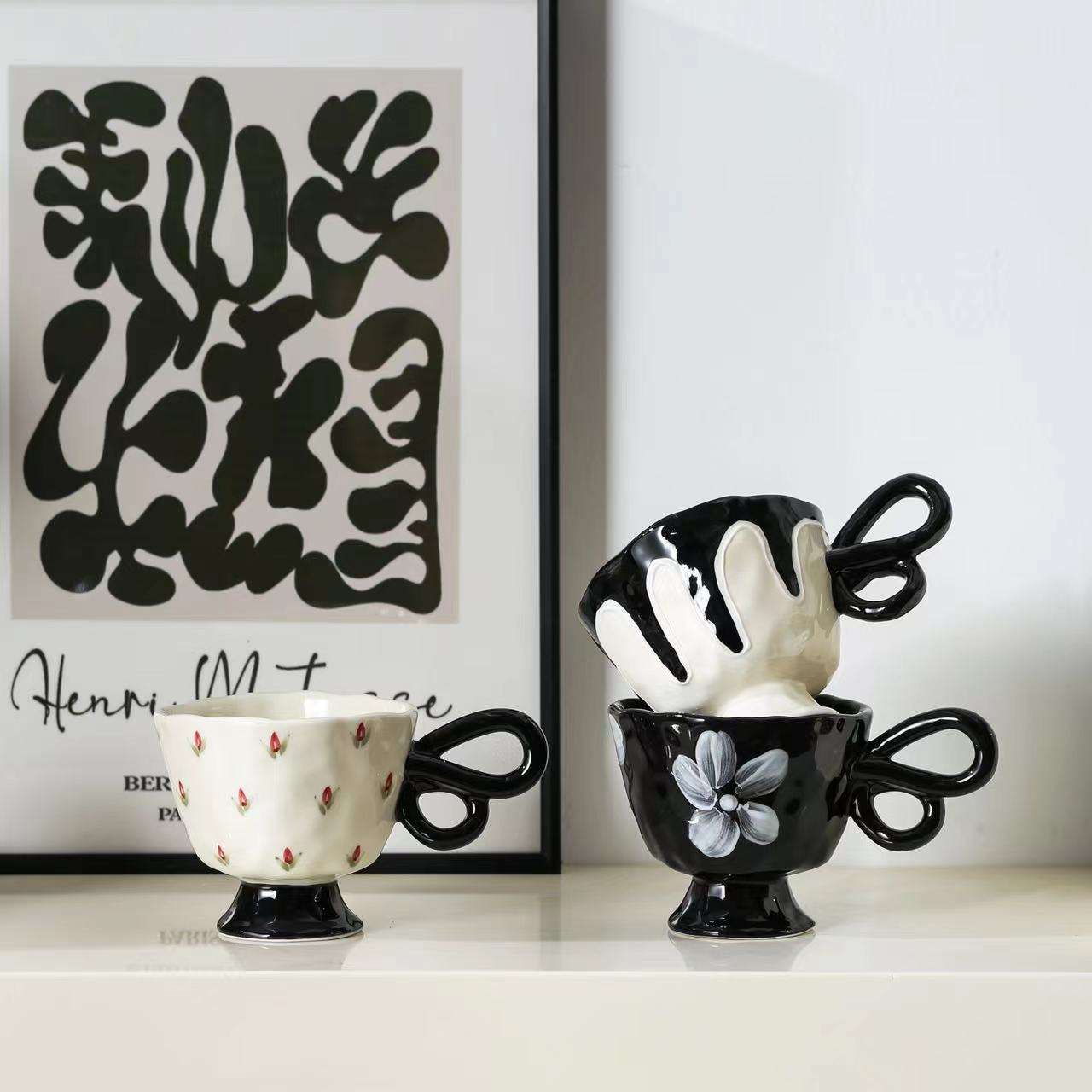 Wholesale Exquisite Handmade Ceramic Coffee Mugs Unique Custom Gift Set with Novelty Design Fancy Flower Pattern for Giveaways
