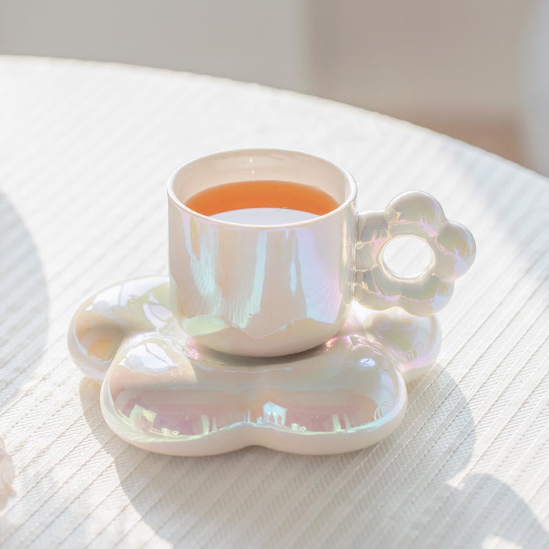 Rainbow Color Pearlescent Mug Gift Cloud Ceramic Tea Cup Flowers Coffee Cups and Saucer Set