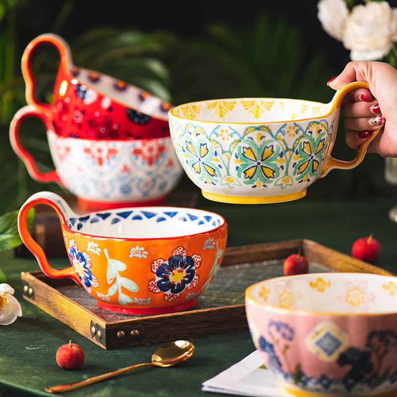 Factory Custom Flower Pattern Home Kitchen Tableware Porcelain Salad Fruit Soup Bowls Ceramic Bowl with Handle