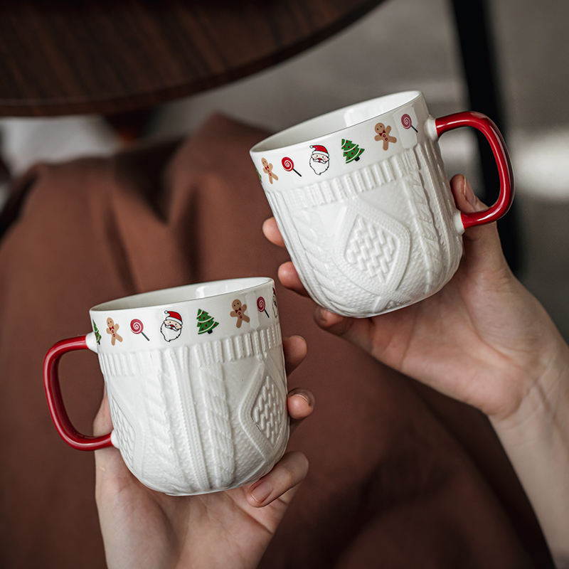2024 New Style 350Ml Cartoon Cute Christmas Water Milk Coffee Cup Ceramic Christmas Mug with Red Handle