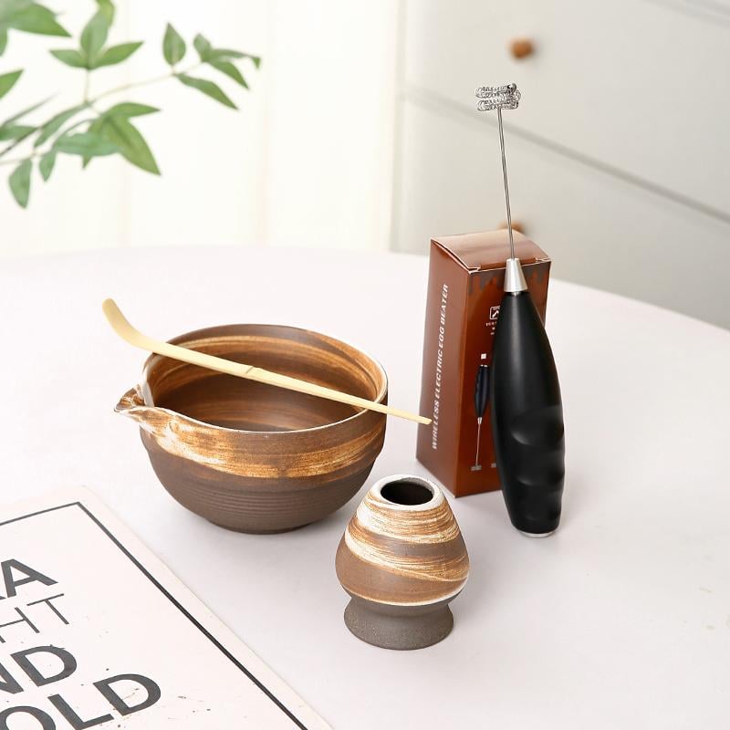 Rough Ceramic Matcha Bowl with Spout Matcha Tool Brush Dot Tea Bowl Matcha Cup Stirrer Tea Brush Utensils Set