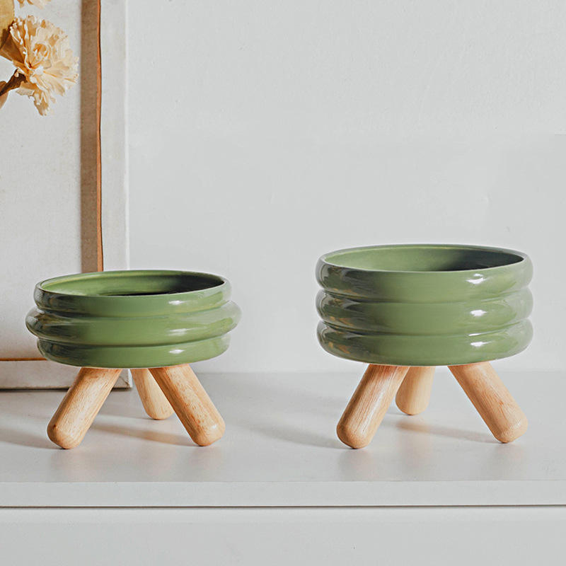  Ceramic Dog Cat Bowl Food Water Raised Bowl Elevated Wood Bamboo Ceramic Cat Bowl With Wooden Stand
