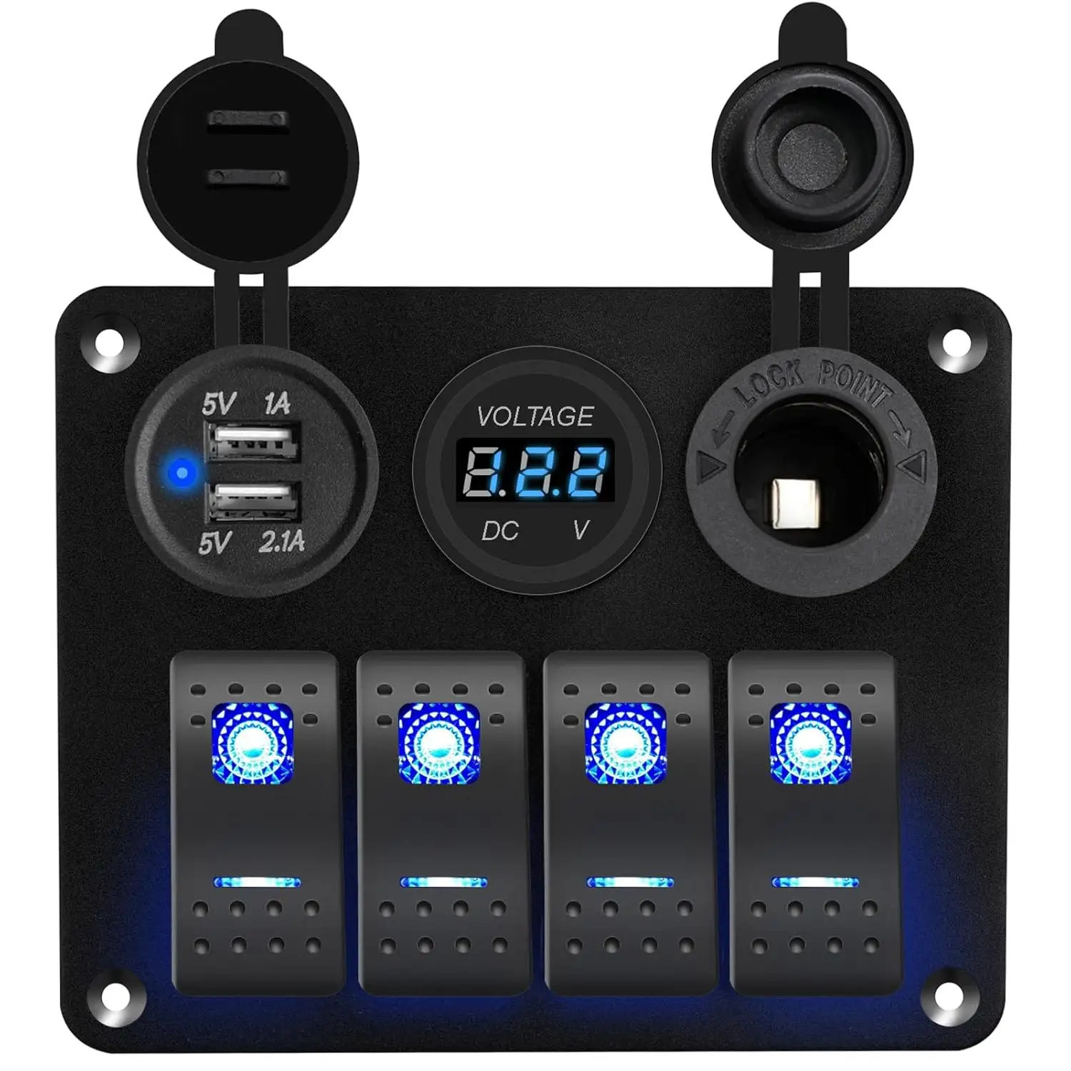 4 Gang Vodootporný LED Voltmeter Námorný Čln Rocker Spínač Aluminievá Panel 12V Digitálny Displej Modrá Lampa Farba Zapnúť-Vypnúť Funkcia