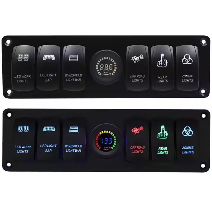 DC 12V Led Zapnúť Vypnúť Rocker Prepinac &Farbové Voltmeter 6 Gang Rocker Prepinacová Panely Pre Karavan Automobil Námorné