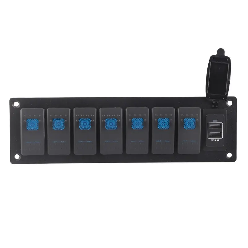 IP66 Waterproof 7 Gang Rocker Switch Panel with Dual USB Charger & Blue Backlit for Boats & Marine
