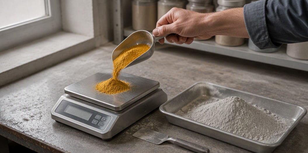 Hand tipping ochre iron oxide yellow pigment onto a bench scale beside a tray of grey dry-mix mortar base powder