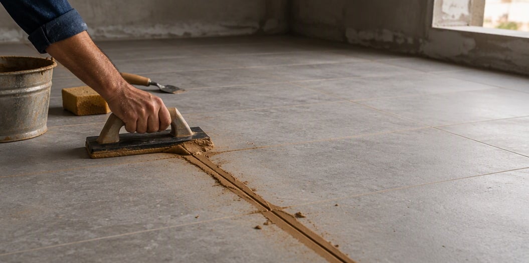 Grout float pressing ochre-brown coloured joint filler into the joints of grey ceramic floor tiles