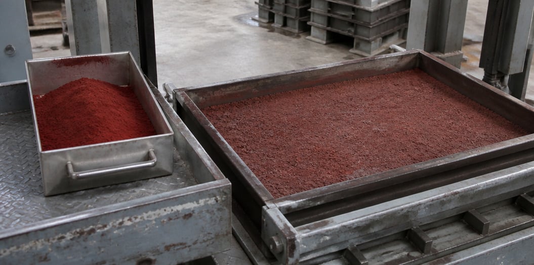 Iron oxide red 130 dosing tray beside a compacted red paver face mix in the steel mold box of a concrete block machine