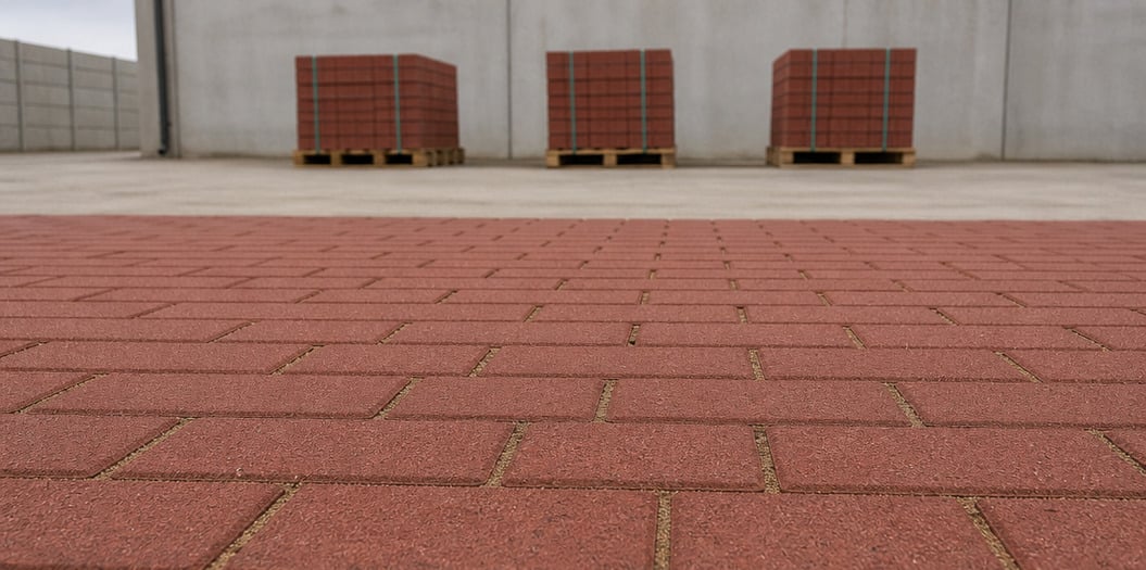 Laid field of red concrete paving blocks and banded pallets of the same blocks at a paving products yard