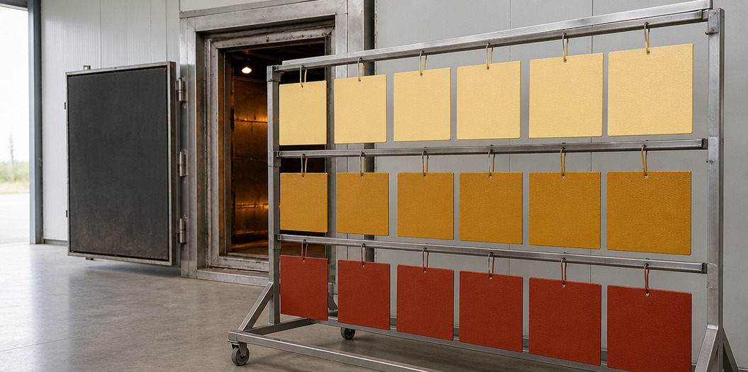 Pigmented coating test panels in yellow, ochre and red hanging on a rack in front of an open curing oven