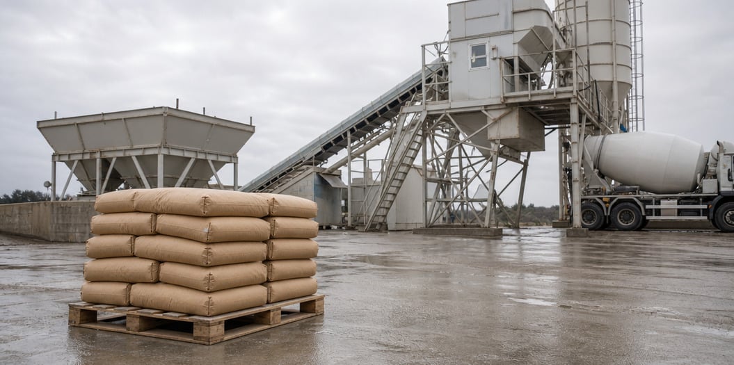 Concrete batching plant with stacked 25 kg pigment sacks ready for dosing into the mixer