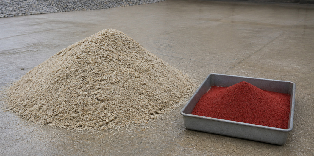 Washed concrete sand and red iron oxide pigment powder beside a concrete batching area