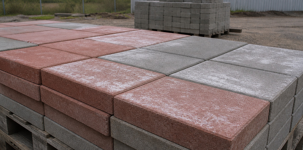 Efflorescence in colored concrete: white salt bloom across red and grey paving tiles stacked outdoors