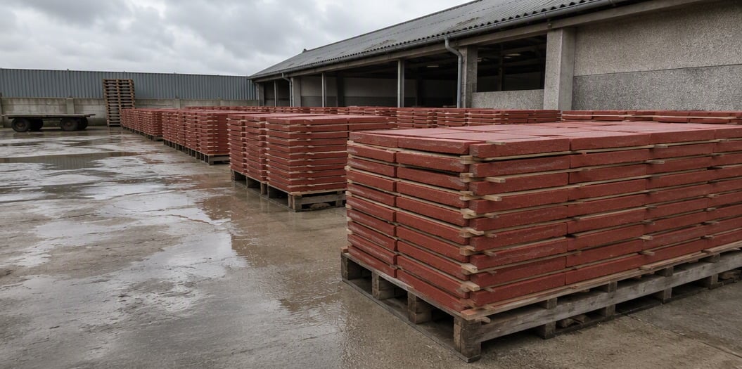 Stacks of red coloured concrete floor tiles on curing pallets at a tile production yard
