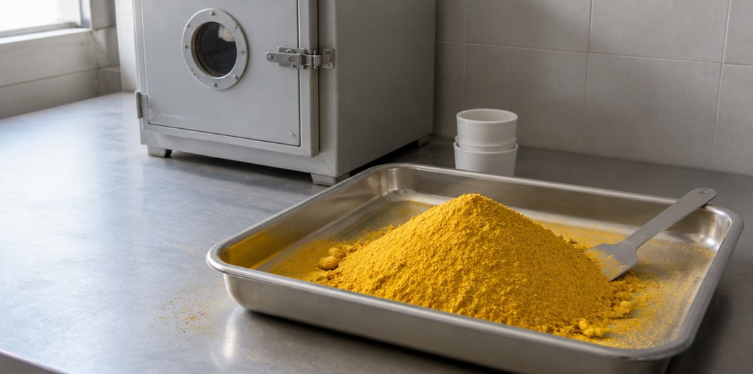 Yellow iron oxide pigment powder in a stainless steel tray beside a laboratory muffle furnace, prepared for an iron oxide yellow heat stability trial