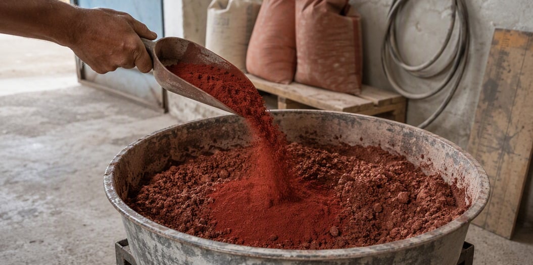 Iron oxide red 190 pigment powder being dosed into the coloured face mix at a concrete tile plant