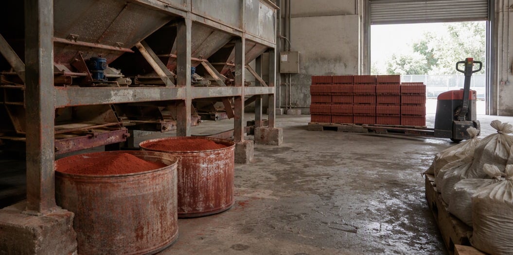 Concrete products plant batching area with red iron oxide pigment powder and stacked coloured paving tiles ready for curing
