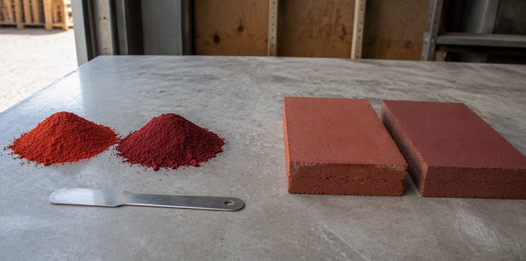 Two iron oxide red pigment samples and red-coloured concrete tiles side by side on a plant workbench in daylight