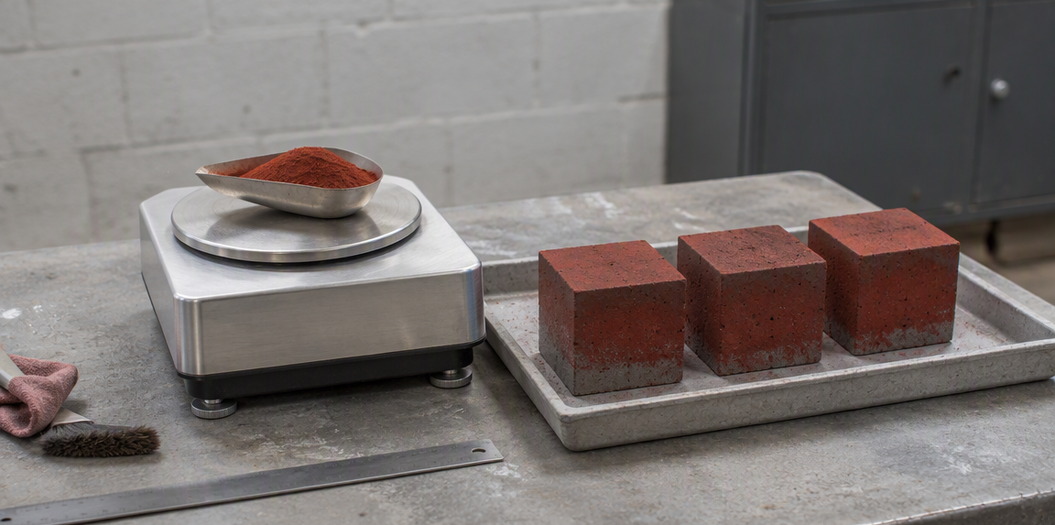 Weighing red iron oxide pigment on a laboratory balance beside freshly cast coloured concrete cubes for a grade comparison trial