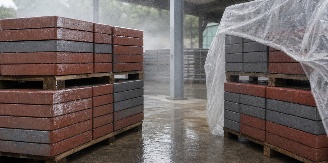 Coloured concrete paving tiles stacked in a plant curing yard under damp curing before drying
