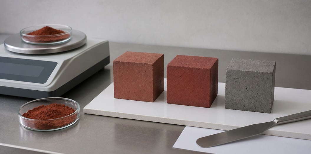 Weighing red iron oxide pigment on a laboratory balance and comparing cured concrete cubes for a color dosage trial