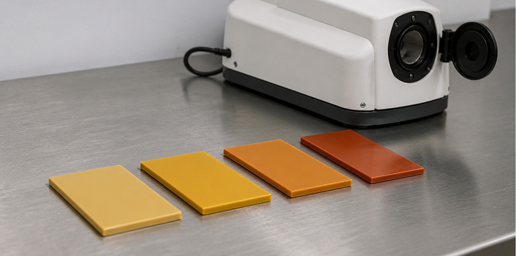 Heat-exposed pigmented plastic test plaques ranging from yellow to brick red on a bench beside a spectrophotometer