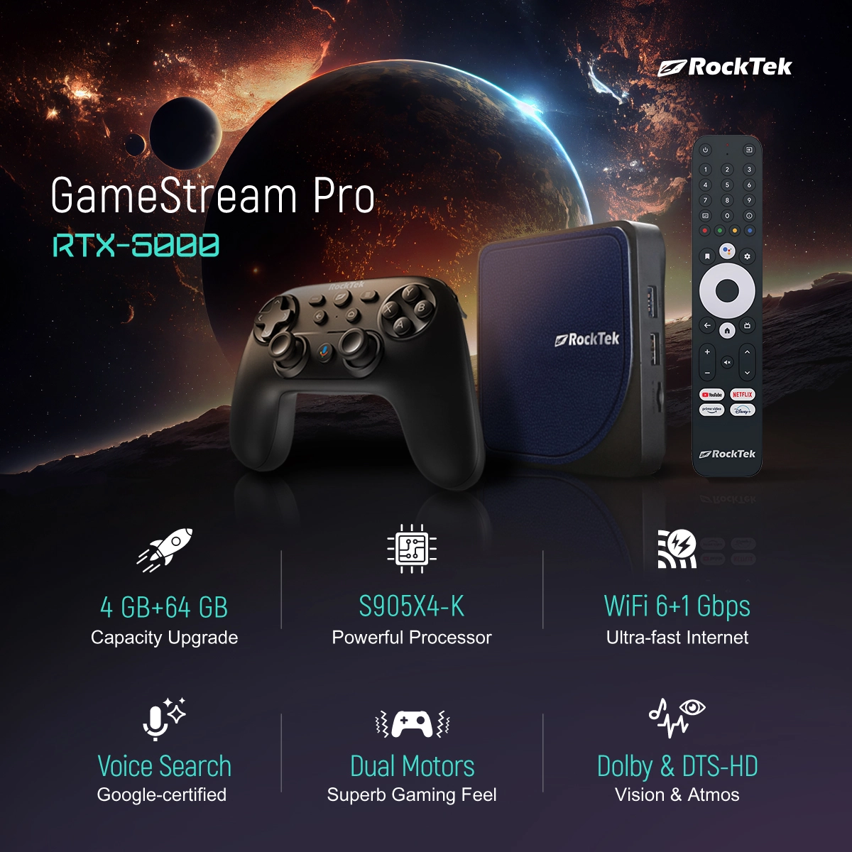 RockTek RTX5000 4K GameStream Pro (G2 Max) AndroidTV 12 Netflix Google Certified Amlogic S905X4 4G64G Support DTS Dolby Audio Wifi6 1000M BT5.0 factory